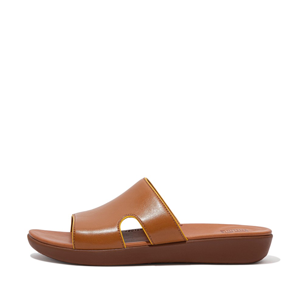 Fitflop Womens Slides Brown - H-bar Pop-binding Leather - 28RAYDUZW